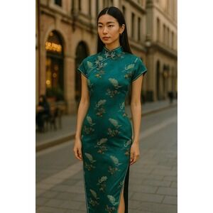 Cheongsam Vintage Dress Turquoise Authentic 36 Peacock Floral Short Sleeve Qipao